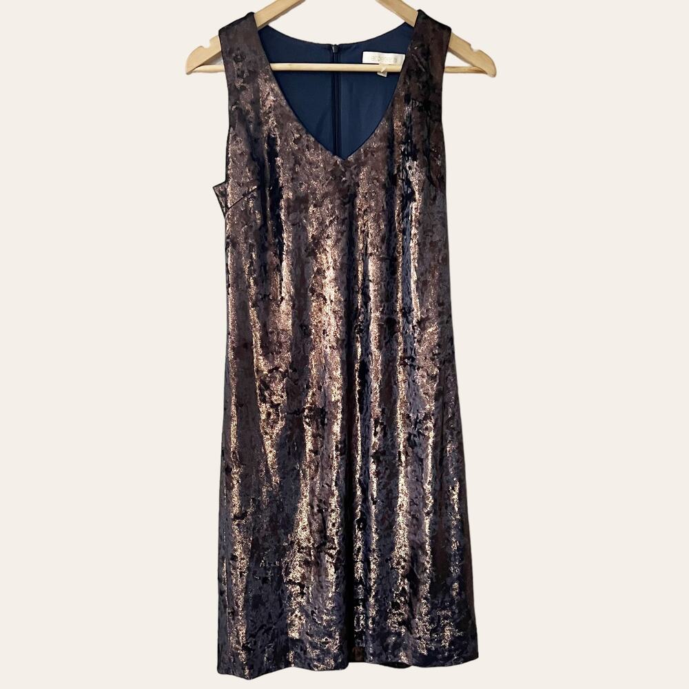 Etcetera Brown Metallic Velvet Sleeveless V-Neck Shift Dress Size 4